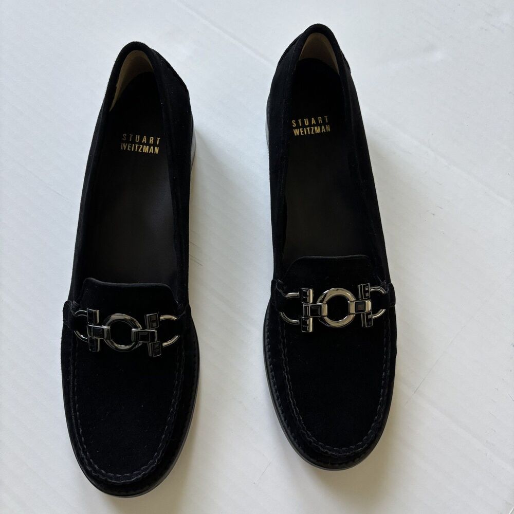 Stuart Weitzman Black Suede Crystal Bit Loafers Shoes Women's Size 10 SS Spain